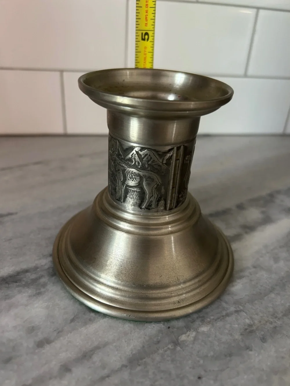 Vintage Norwegian Etched Pewter Candlestick Mid Century Modern